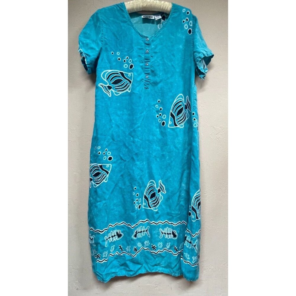 MTB Meant To Be Womens Short Sleeve Midi Shift Dress Teal Fish Print Size Medium